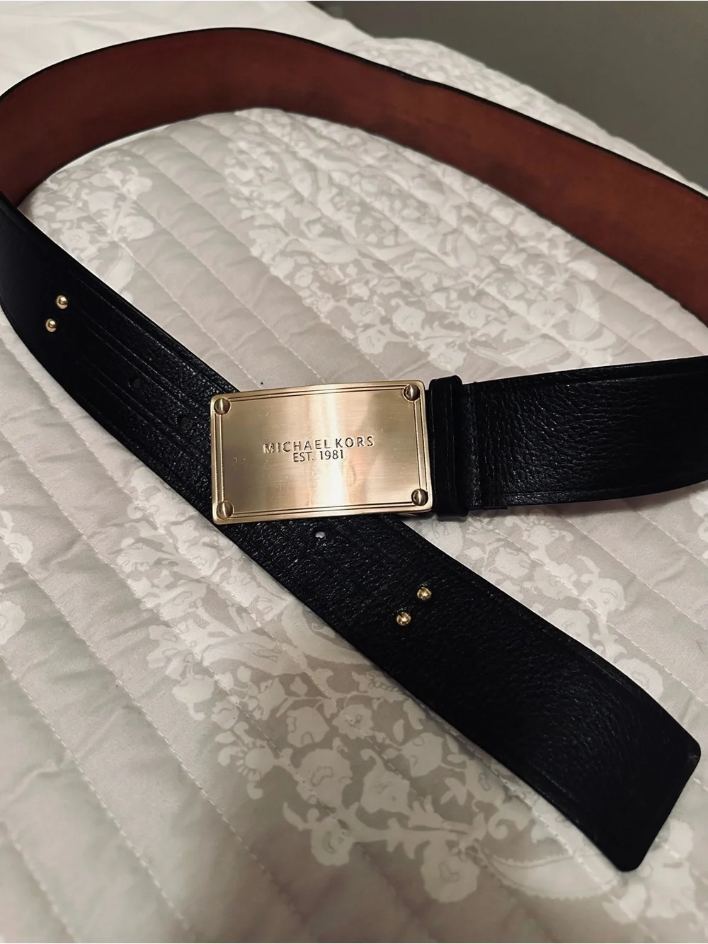Michael Kors Black Genuine Leather Belt with Gold Plaque Buckle